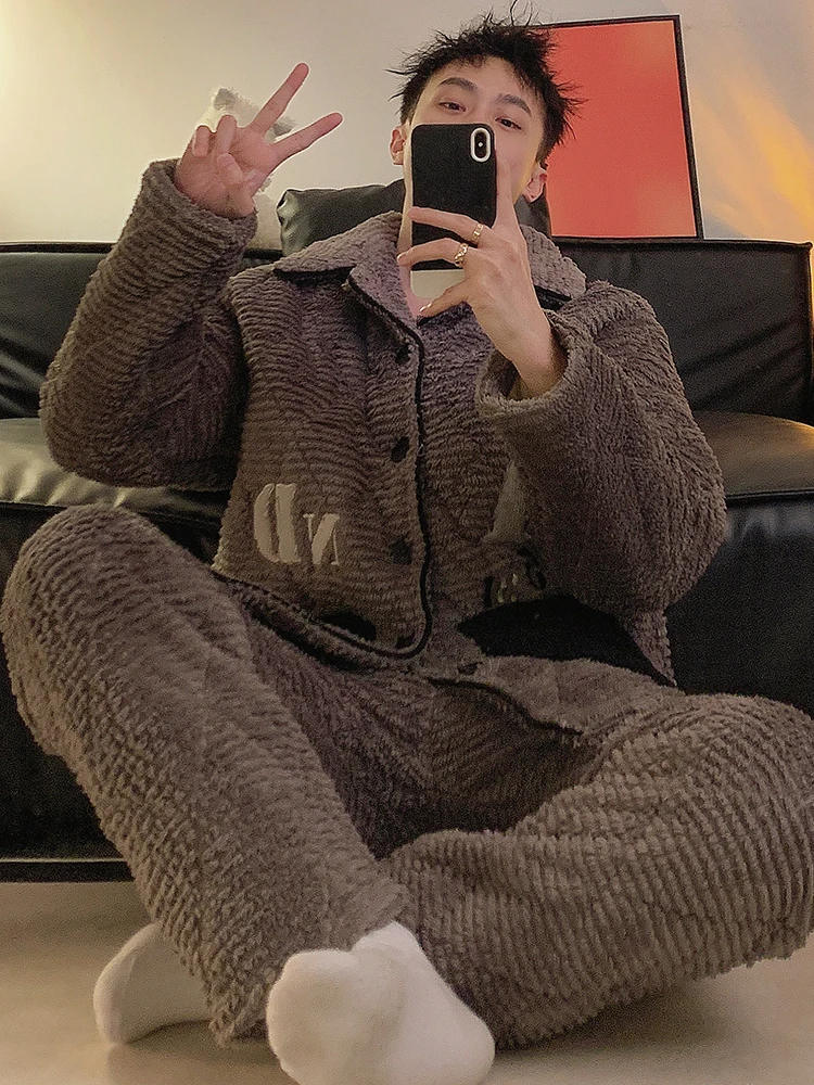 Мужские пижамы из кораллового флиса осенне-зимние утолщенные трехслойные