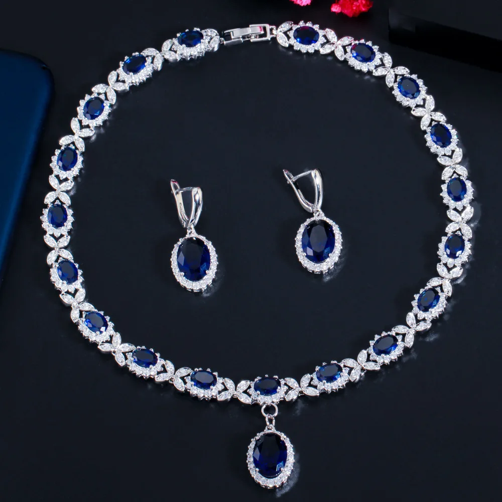 

Fashion Luxury Jewelry Sets AAA Zircon Royal Blue Necklace Earrings Geometric Florid Bridal Jewelry Set For Woman Wedding Gift