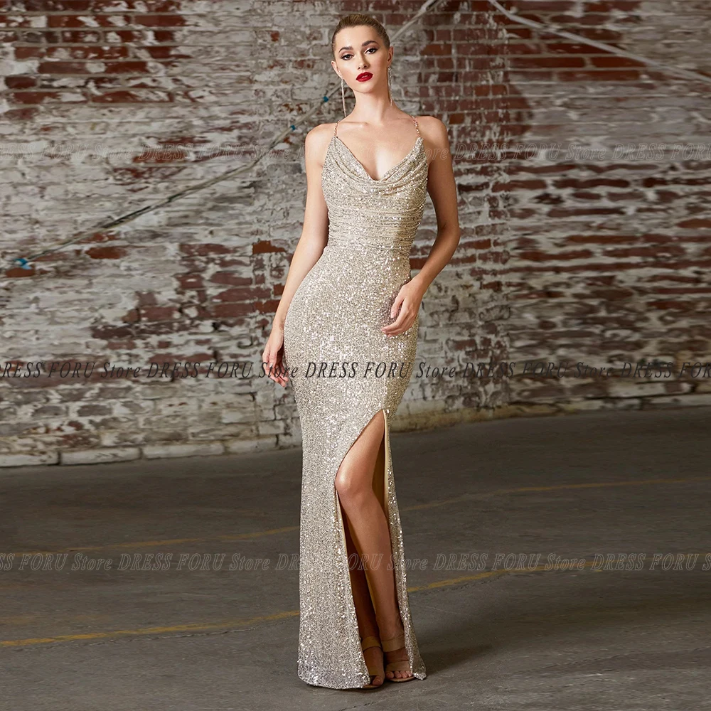 Beach Sequin Evening Dress Sexy Split Criss-Cross Sheath Prom Party Gown Sleveless Floor Length 2022 Pageant Wedding Night Wear