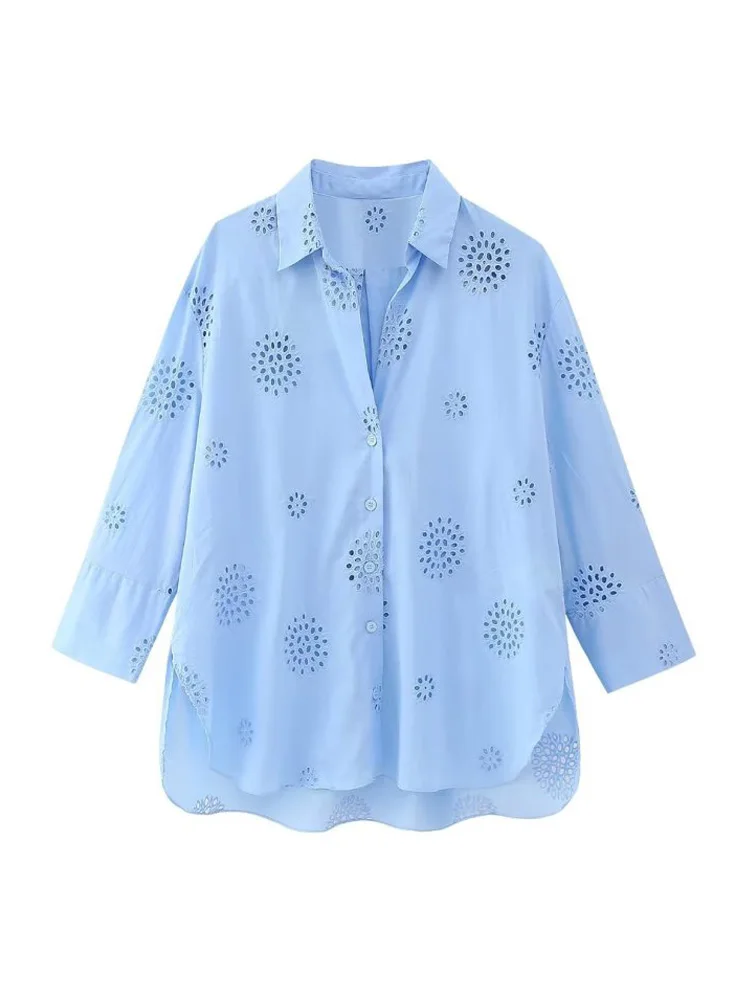 

Kumsvag 2023 Women Summer Shirts Blouses Tops Vintage Hollow Out Embroidery Loose Female Elegant Street Top Smock Clothing