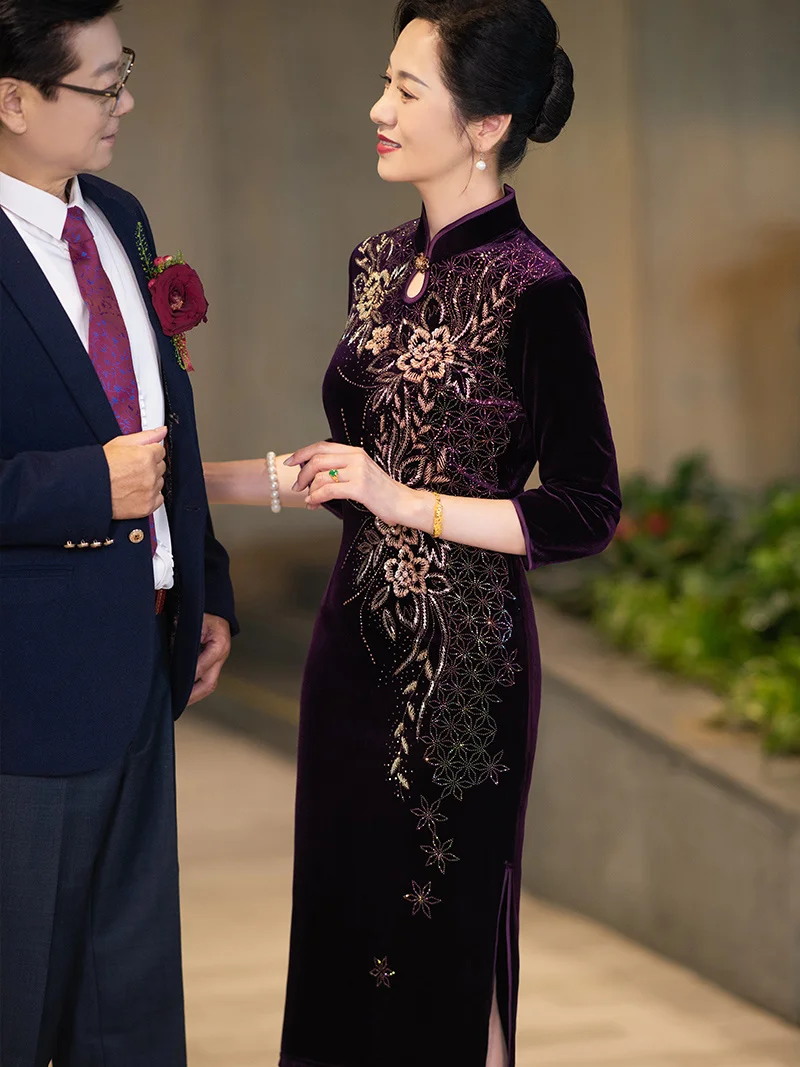 Платье-Ципао для гостей свадебной вечеринки бархатная юбка