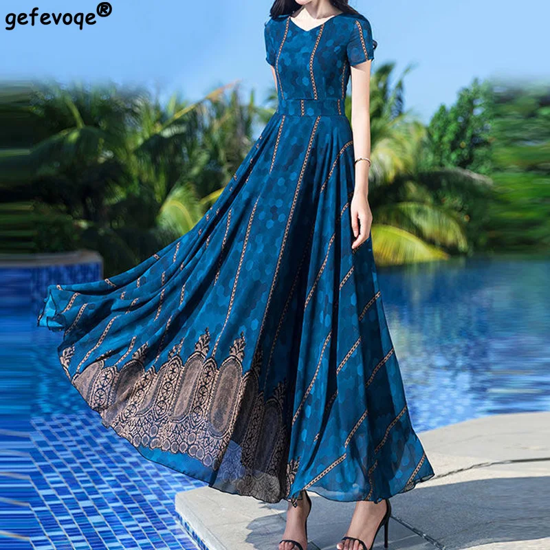 

V Neck Short Sleeve Chiffon High Waist Temperament Long Dresses Side Zipper Slim Empire Summer Women's Clothing Elegant Fashion