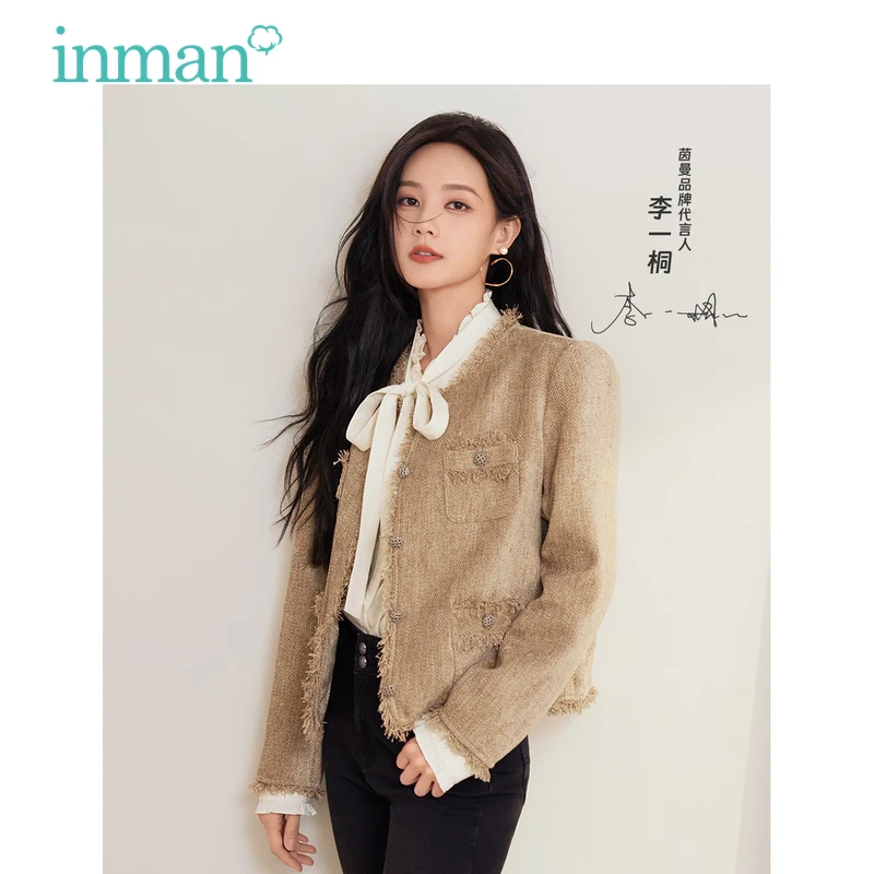 

INMAN Women Coat 2023 Autumn Long Sleeve Round Neck Loose Jacket Button Pocket Design Plush Edge French Elegant Outwear Tops