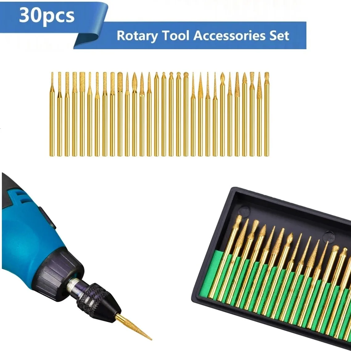 

30pcs Drill Bits Titanium Diamond Burr Engraving Tiles Glass Wood Rotary Tool Drill Bit For Engraving Cutting Polishing Grinding