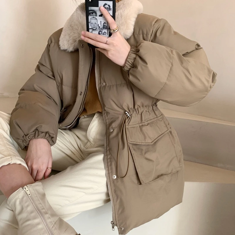 Parkas Women Winter NEW 2021 Faux Rabbit Fur Lapel Collar Windproof Short Cotton Coats Thick Warm Fashion Elegant Zipper Jacket