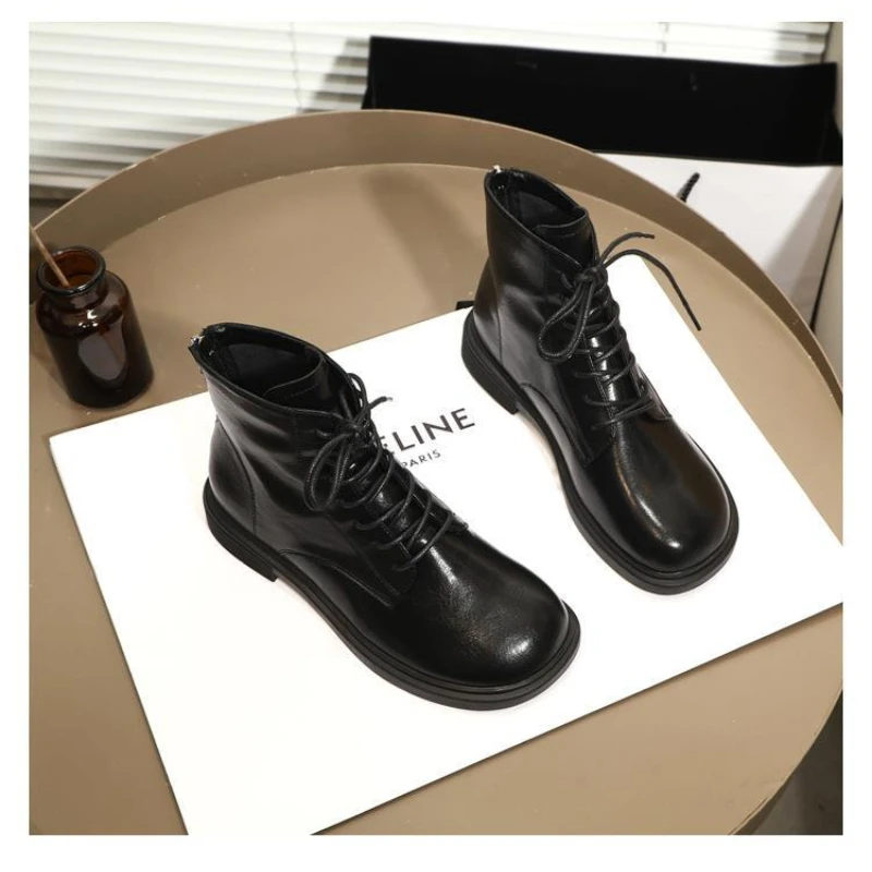 Martin Boots Women's English Style Autumn Gentle Apricot Short Boots Flat Toe Boots Lacing Square Toe Ankle Boots