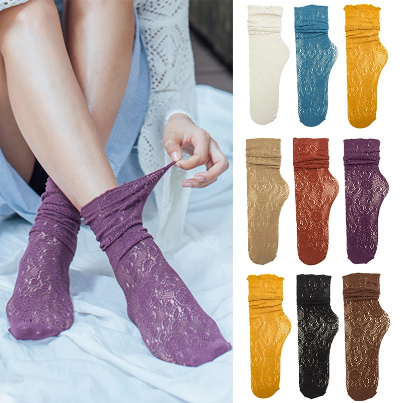 

Летние кружевные сетчатые носки для женщин и девушек, женские Чулочно-носочные изделия, ажурные Дышащие носки для ног, однотонные повседнев...