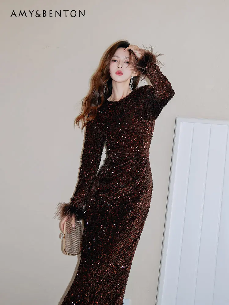 Luxury Glitter Feather Long Sleeve Dress High Sense Sequin Slim-Fit Dress Women's Elegant High-end Banquet Long Dress