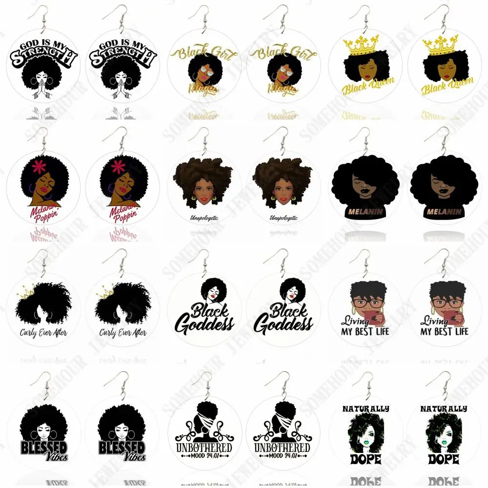 

SOMEHOUR AFRO Natural Hair Dope Curly Wooden Drop Earrings For Woman Melanin Poppin Black Goddess Queen Printed Dangle Pendant