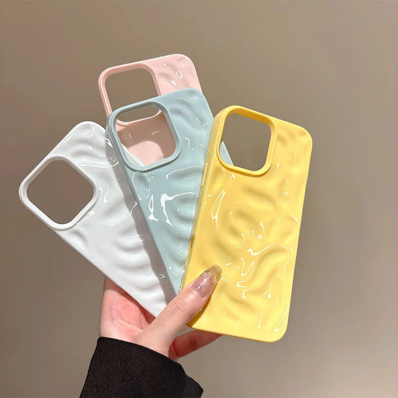 Роскошный чехол ярких цветов с 3D морщинами для iPhone 17, 16, 15, 14, 12, 11, 13 Pro Max Plus с однотонным волнистым узором, мягкий силиконовый эстетический чехол (art.: 3920d41e19a79) - 3920d41e19a79