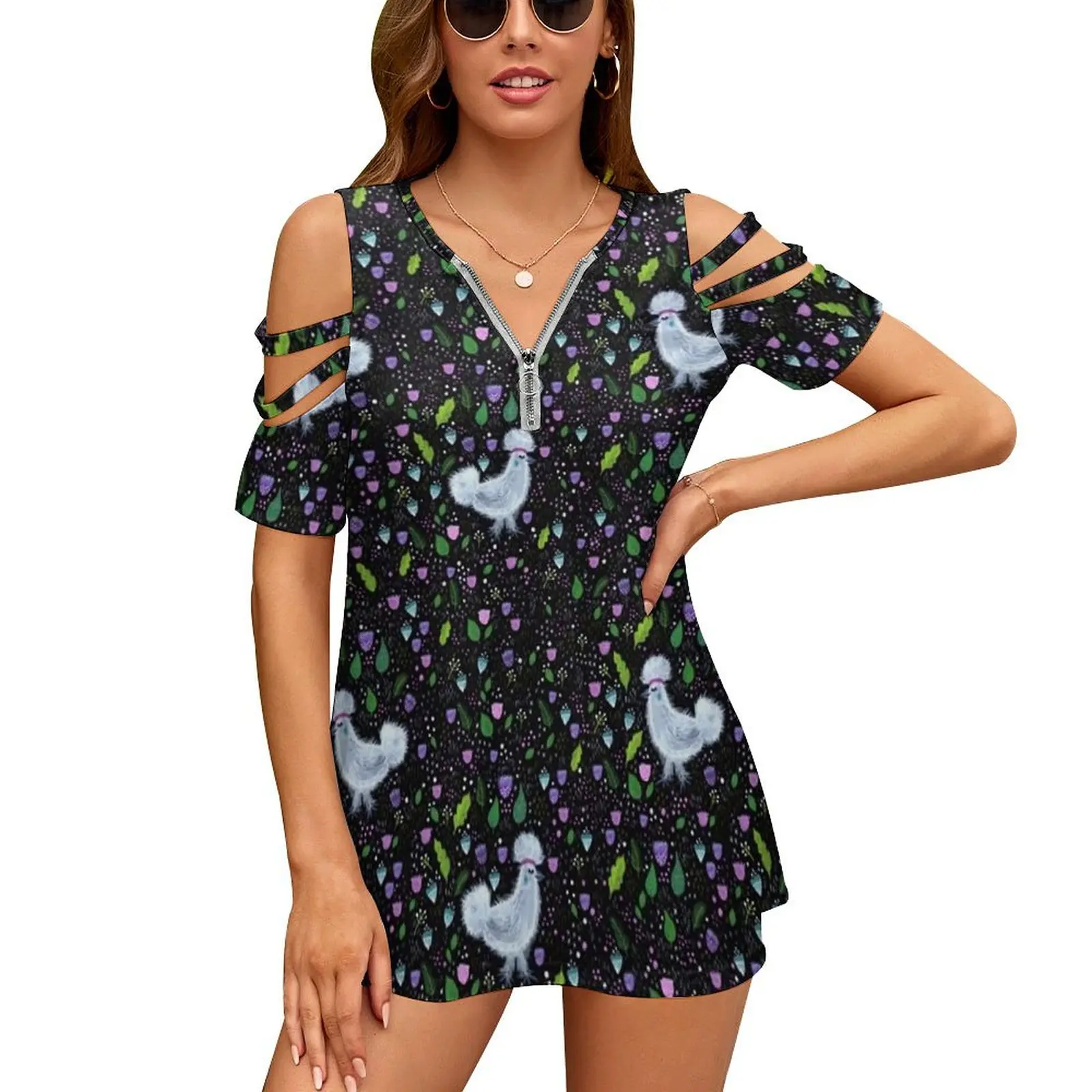 

Женская рубашка с коротким рукавом, на молнии и с открытыми плечами