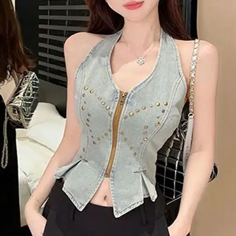 Женские пикантные джинсовые короткие майки укороченный топ 2024 асимметричный