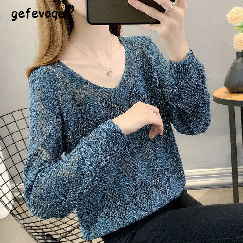 

Spring Autumn Sexy V Neck Hollow Thin Knitted Sweater Women Casual Solid Loose Long Sleeve Pullover Top Female Clothing Knitwear