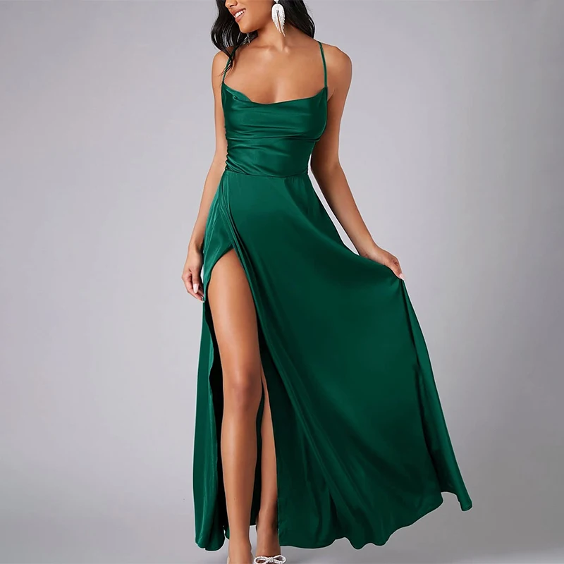 

Sexy Slip Slim Sling Strap Acetate Long Evening Dress Solid Color Plaeted Side Slit High Waist Package Hip Backless Party Robe