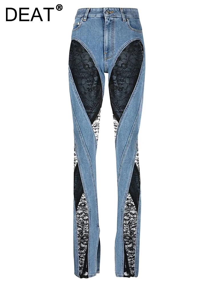 

DEAT Women Jeans Slim High Waist Patchwork Panelled Embroidery Perspective Split Denim Pants 2023 Summer New Fashion 29L1012