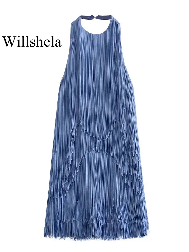 

Willshela женское модное голубое плиссированное платье миди с открытой спиной, винтажное платье с лямкой на шее без рукавов, шикарные женские платья