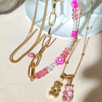 boho multilayer pink flower beads pearl chokers necklaces for women bear pendant golden metal link chain necklace trend jewelry
