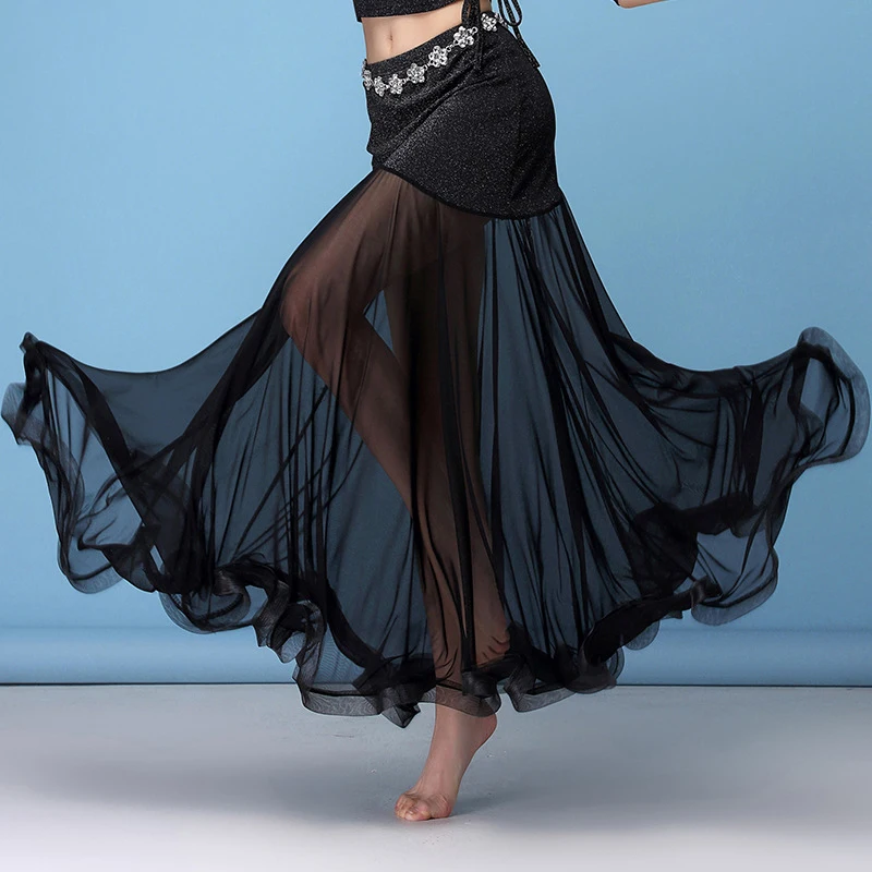 

Belly Dance Skirt Women Dance Wear Spandex Transparent Yarn Maxi Long Skirts Big pendulum Full Circle Costume black red