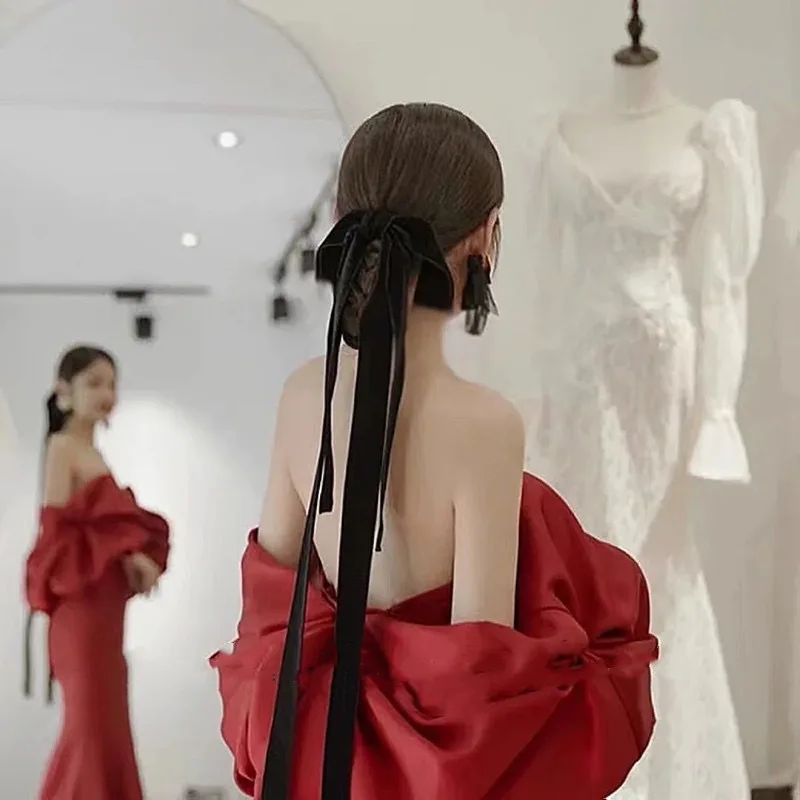 Аксессуары для волос ювелирные изделия черный бант из ленты супердлинный дизайн