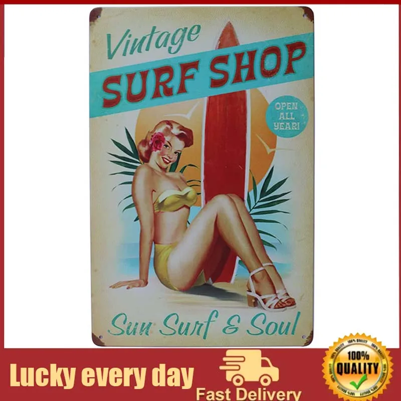 

Vintage Surf Shop Metal Tin Sign, Sun Surfer Surfboard Plate Plaque License Plate Home Bar Wall Decor room decoration men