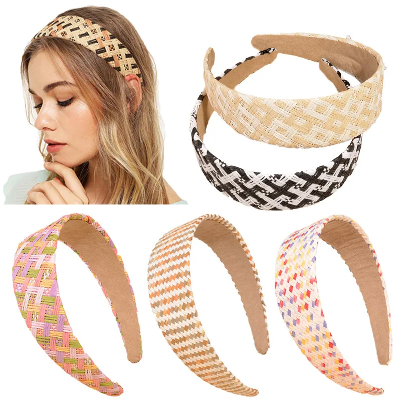 

Fashion Bohemian Hairband Straw Raffia Weaving Headband For Women Girls Handmade Hair Hoop Rainbow Hair Accessories