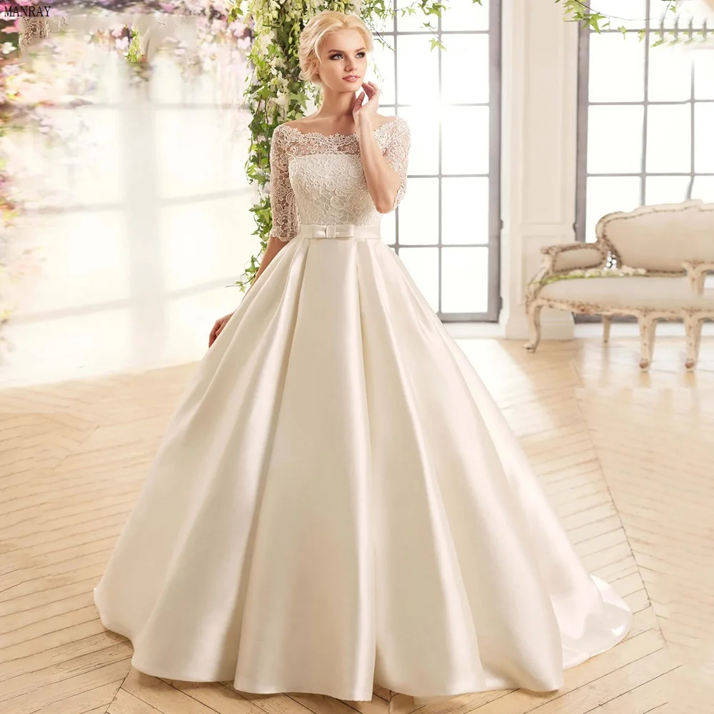 

MANRAY Court-Train Wedding Dresses for Women A-Line Boat Neck Robe De Mariée Half Sleeve Lace Applique Satin Vestido De Noiva