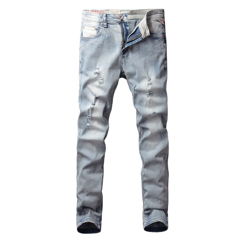 Fashion Designer Men Jeans Retro Light Blue Stretch Slim Fit Hole Ripped Jeans Men Vintage Trousers Casual Denim Pants Hombre