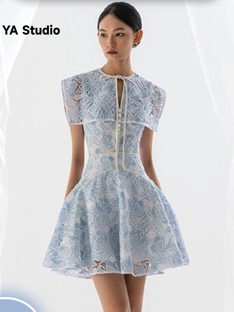 

[YA Studio] Designer Lobster Water-soluble Lace Puffy Vest Navy Collar Dress 2023 Summer Autumn Fashion