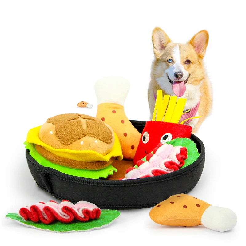 

Pet Sound Toy Hamburger Hot Dog Dinner Plate Chicken Meat Vegetable Shape Funny Leakage Food Toy Detachable Slow Food Pet Toy