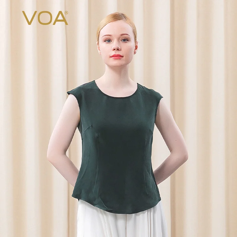 

(Clearance Sale) VOA Silk Heavyweight Print Multi-color Optional O-Neck Tops Short Sleeves Simple Summer T-shirt Women BT16