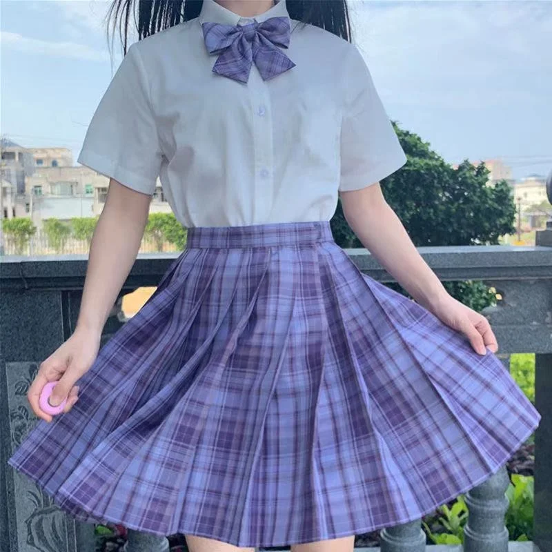 

New Skirt Set Girl JK Uniform Suit School Girl Pleated Skirts Japanese A-Line Plaid Skirt Blouse With Bow Tie For Women Full Set