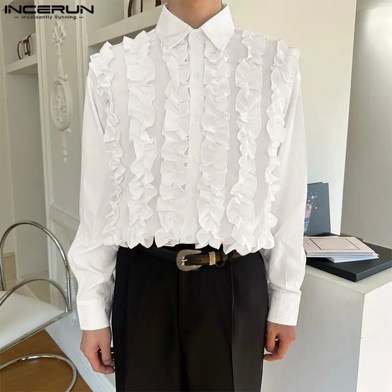 

Korean Style Men Fashion Solid All-match Hot Selling Shirts Palace Style Ruffled Lace Long Sleeve Blouse S-5XL INCERUN Tops 2023