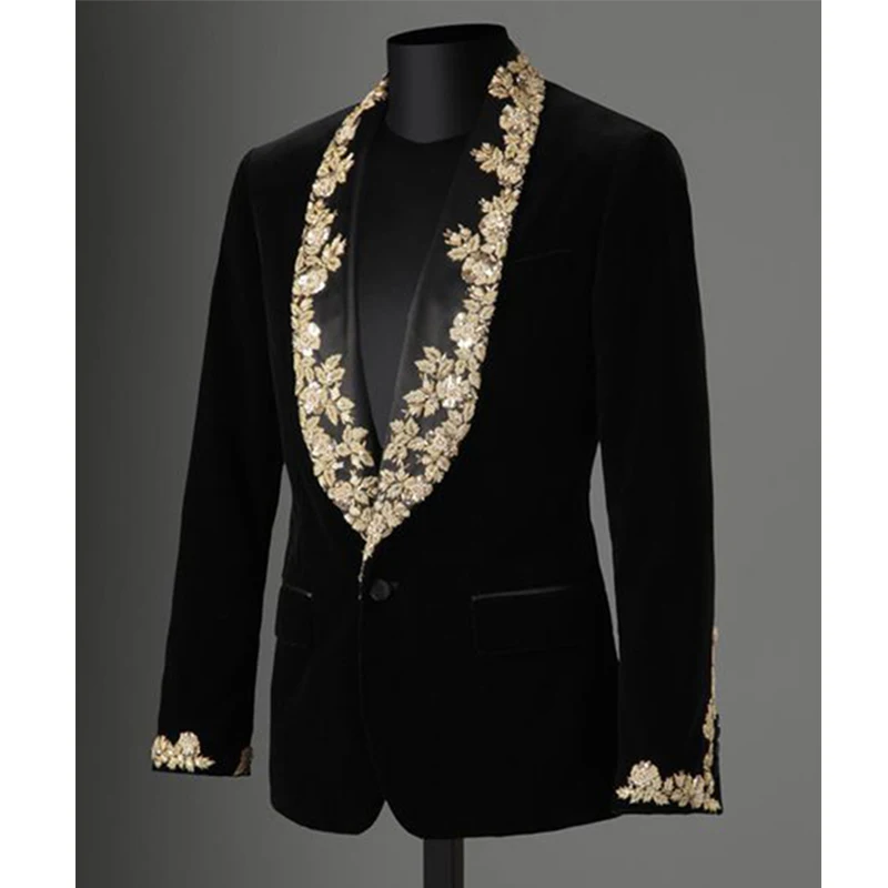 

Черный бархатный костюм для мужчин с вышивкой, облегающий свадебный смокинг для жениха, комплект из 2 предметов, деловые костюмы, модный костюм в африканском стиле