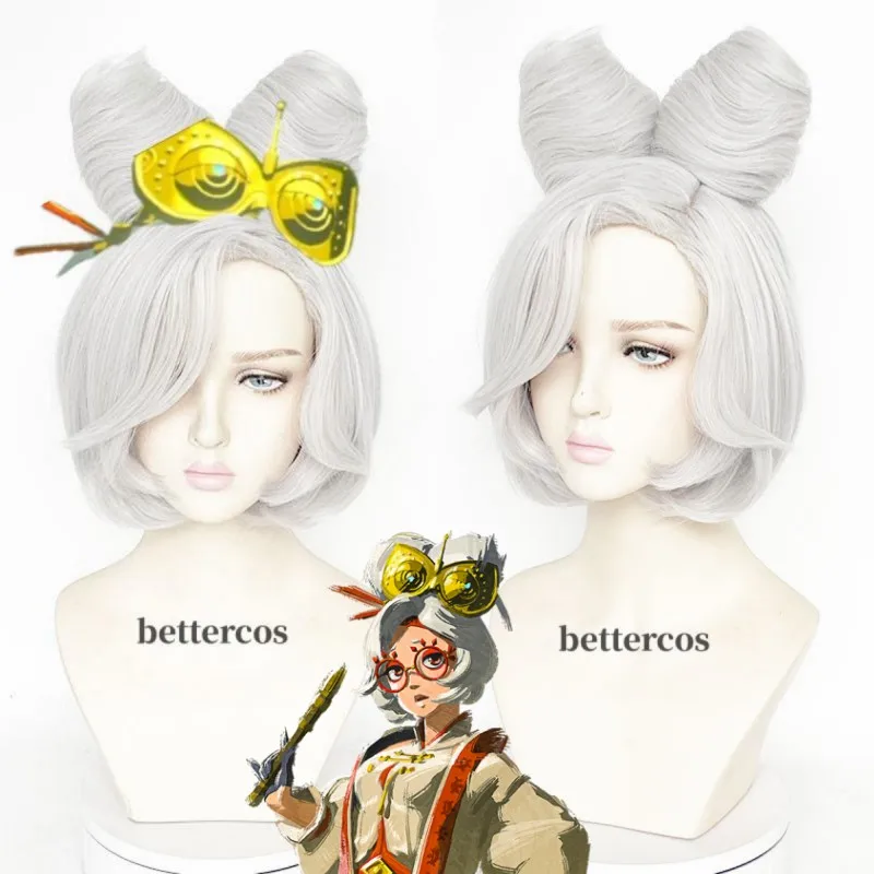 Парик для косплея Purah из аниме «Принцесса Зельда», Короткие Серебристые белые булочки, термостойкий, из синтетических волос, с шапочкой