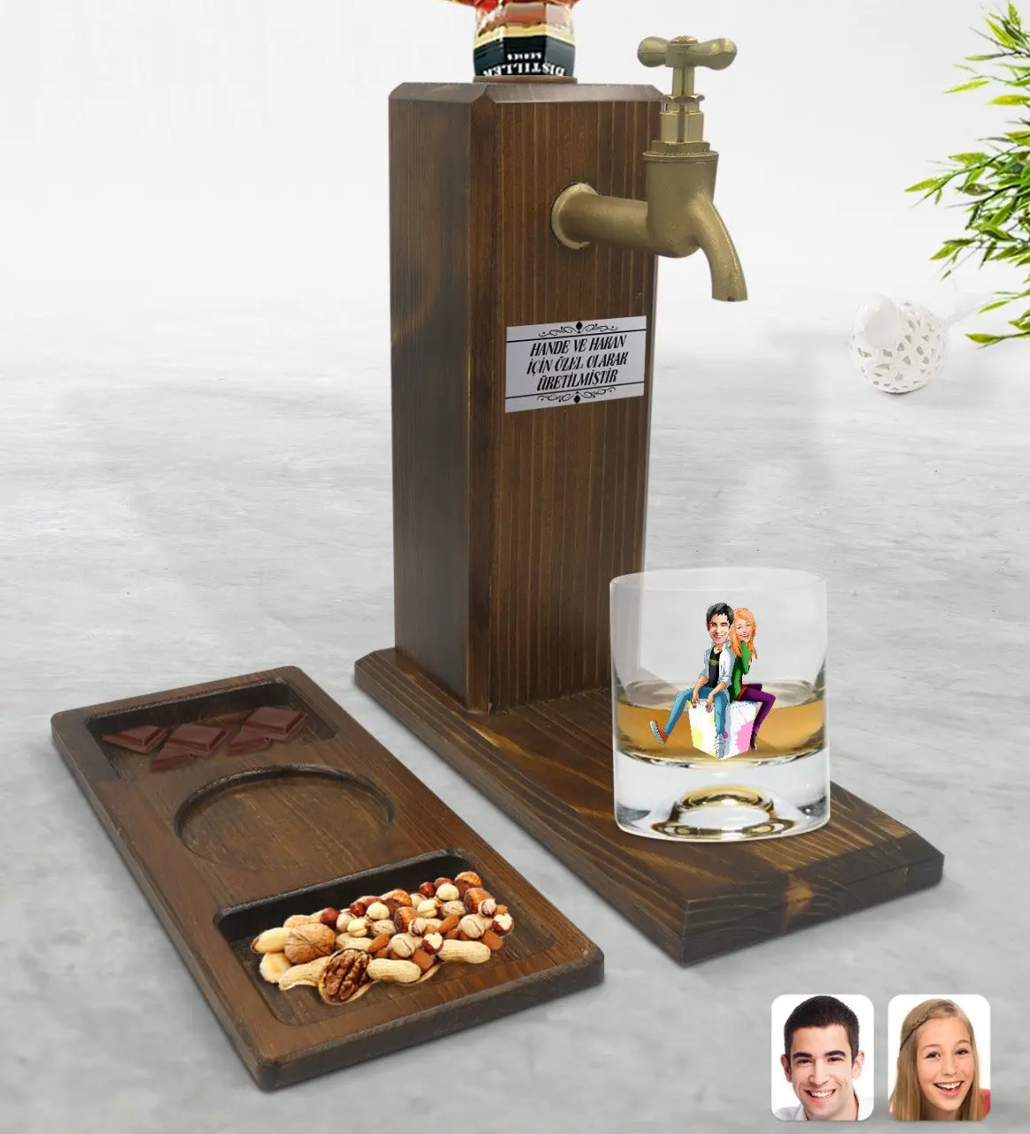 

Personalized Valentine Karikatürlü Whisky Cup & Tap Natural Wood Stand & Solid Wood Rectangle Presentation Tabağı Çerezl
