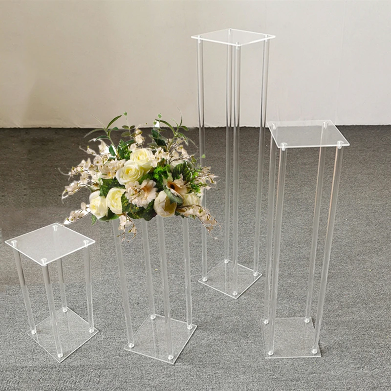 Clear Acrylic Floor Vase Flower Stand With Mirror Base, Wedding Column Geometric Centerpiece Vases Home Decoration