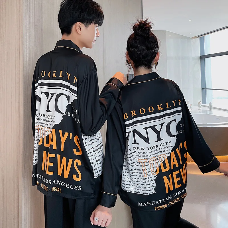 

Casual Long Sleeve Pants Women's Pajamas Set Street Fashion Design NYC Print Sleepwear Silk Like Couple Homewear for Men Lovers