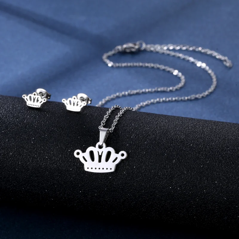 

Stainless Steel Silver Color Crown Pendant Chain Necklace Stud Earring for Women Party Birthday Fashion Jewelry Set Gift