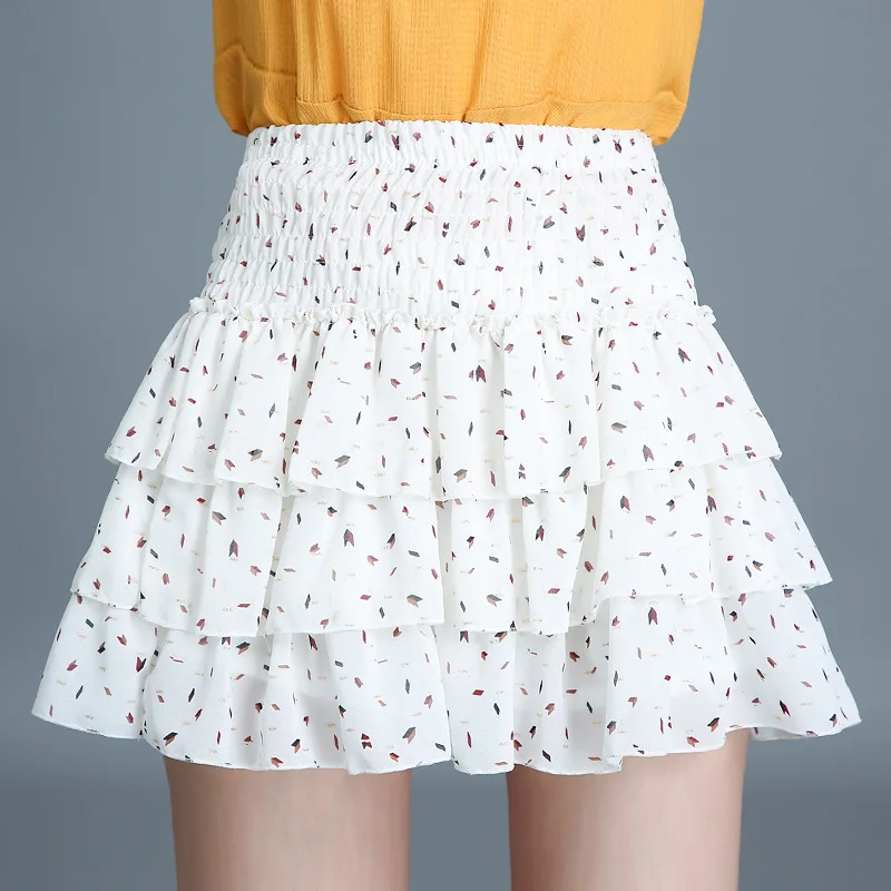 2022 summer college style high waist printed chiffon cake skirt mini skirt anti-lighting small fresh skirt schoolgirl skirt