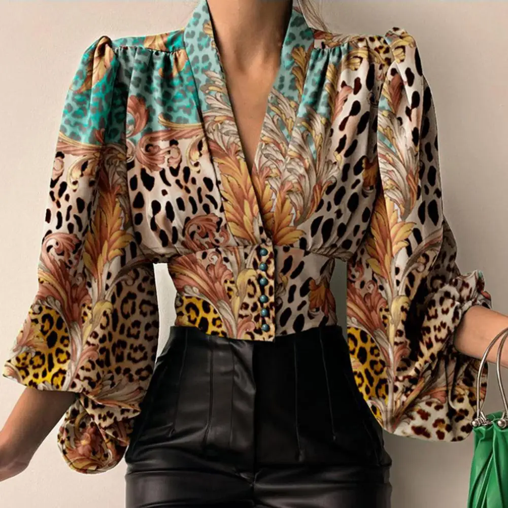 

Cropped Shirt Loose Women Shirt Puff Long Sleeve Print Office Shirt