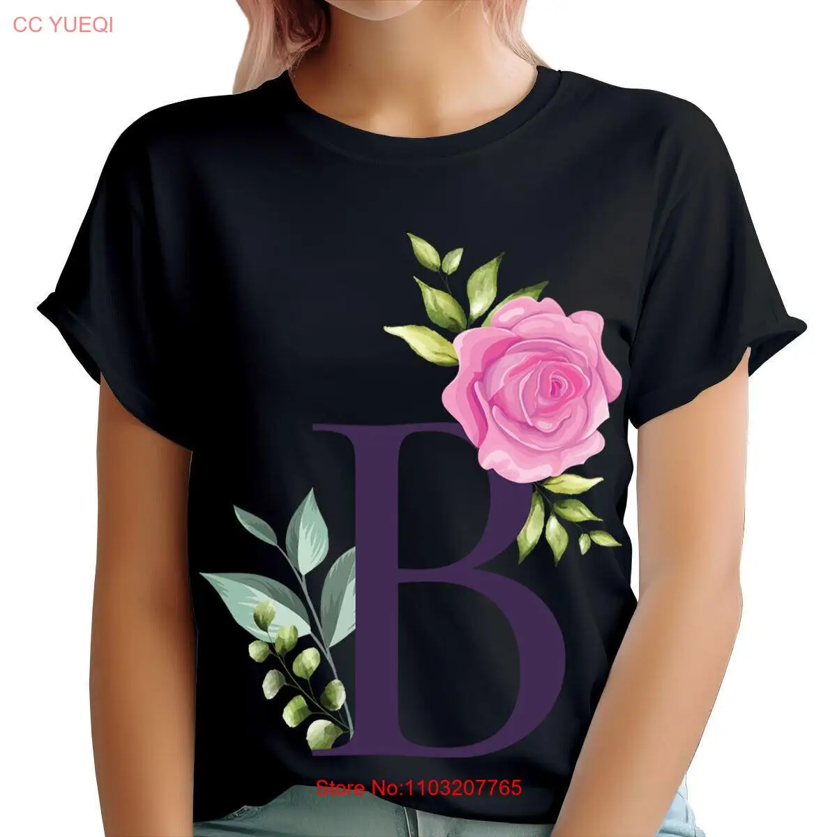 Цветочная буква B Начальное имя Слово Красочные цветы Женские футболки Футболка #