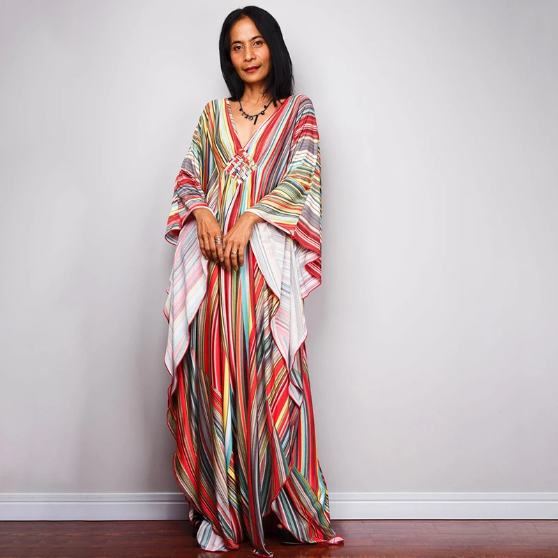 

Print Maxi Dress Batwing Sleeve Tunic Spring Autumn Beach Dress Casual Women Beachwear Kaftan Cover-ups