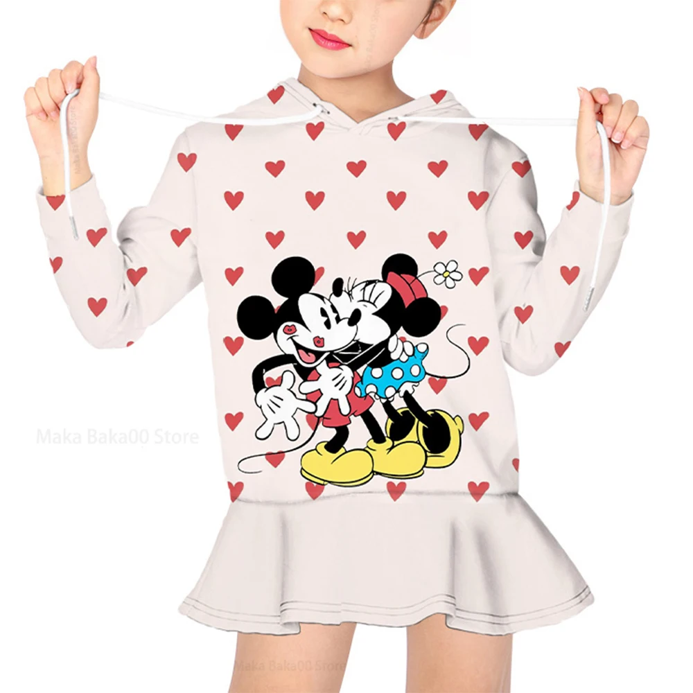 

New Disney Autumn and Winter Girls Hoodie Sweater Mickey and Minnie Print Sweater Dress Casual Cartoon Girls Clothing