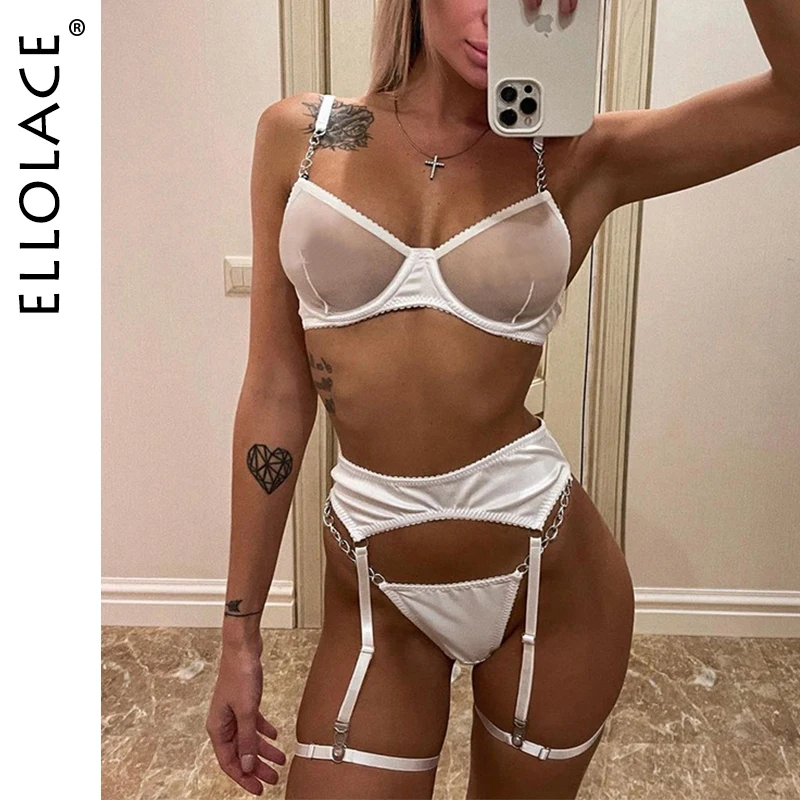 

Ellolace, пуш-ап, сексуальное нижнее белье, цепочка, белое нижнее белье, чувственный прозрачный бюстгальтер, 3 предмета, кружевные красивые Эроти...