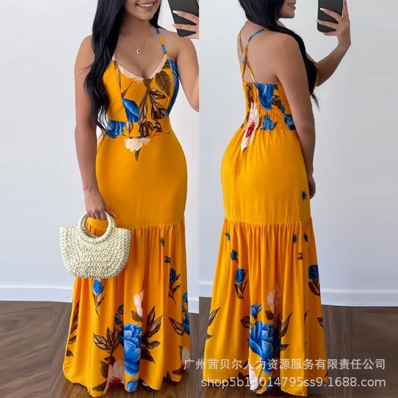 

Женское платье макси с цветочным принтом, Длинное свободное платье с высокой талией и V-образным вырезом, без рукавов, лето-весна