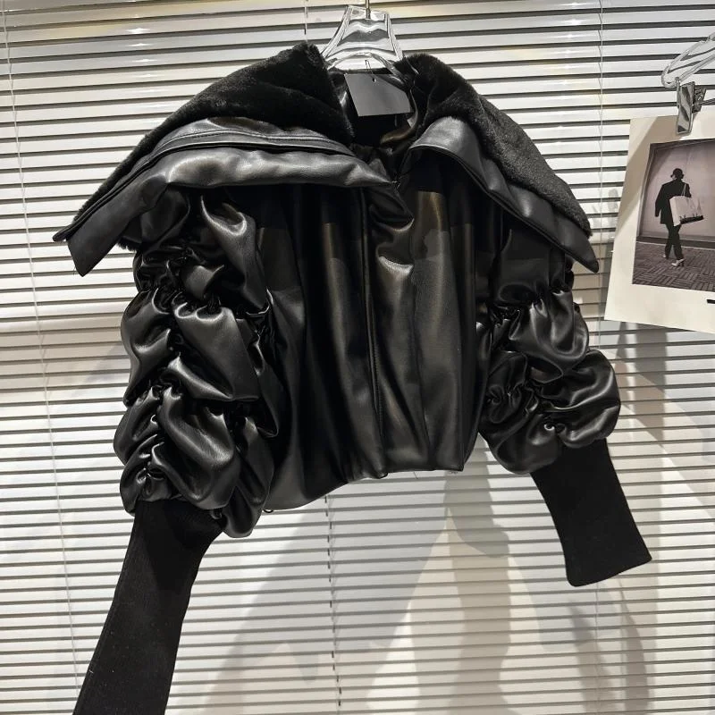 BORVEMAYS 2023 Winter New Fashion Trend Lapel Long Sleeve Solid Color Fur Collar Keep Warm PU Leather Jacket Women  WX367