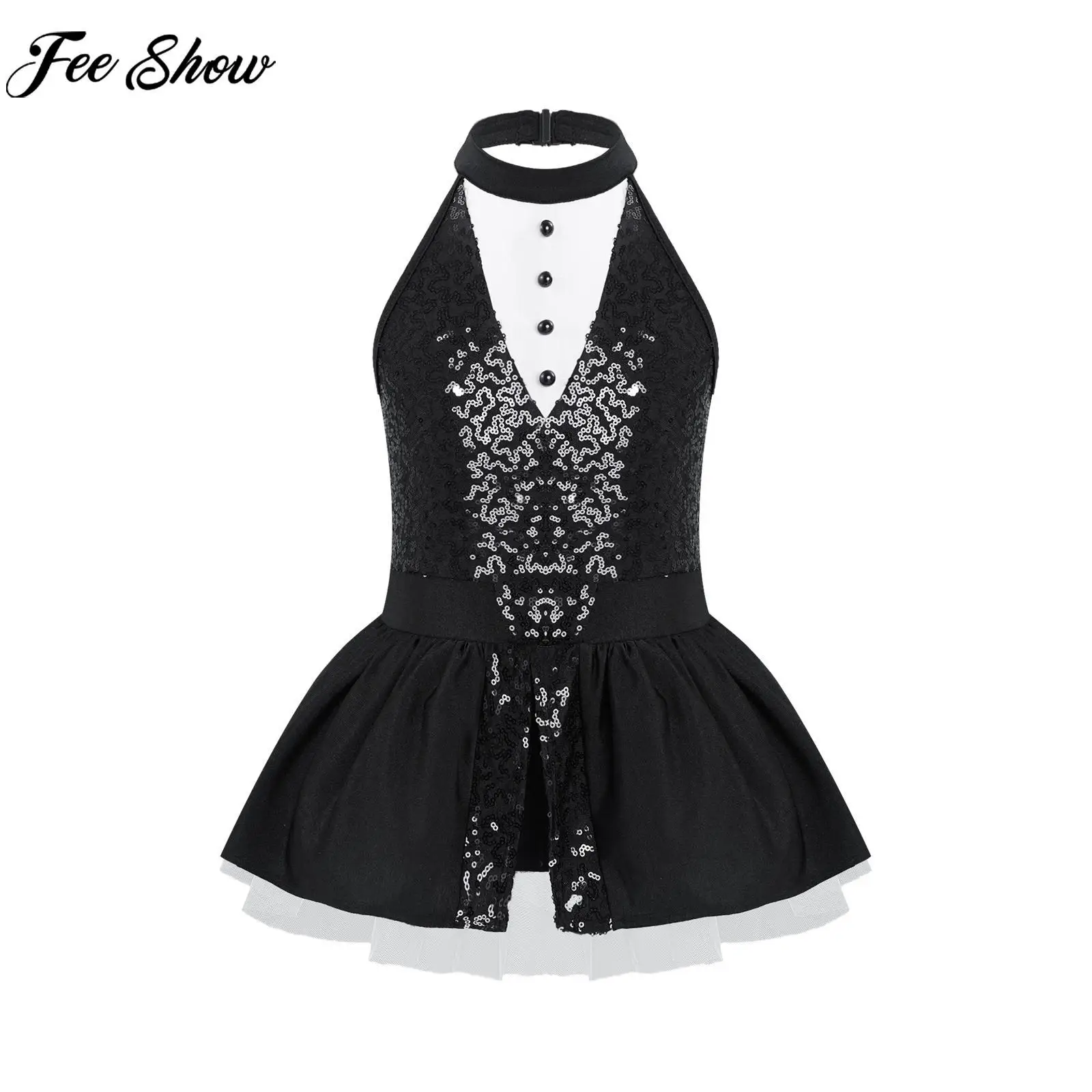 

Teens Girls Sleeveless Backless Ballet Dance Leotard Dress Sequins Button Decor Cute Mesh Tutu Dancewear for Stage Performance