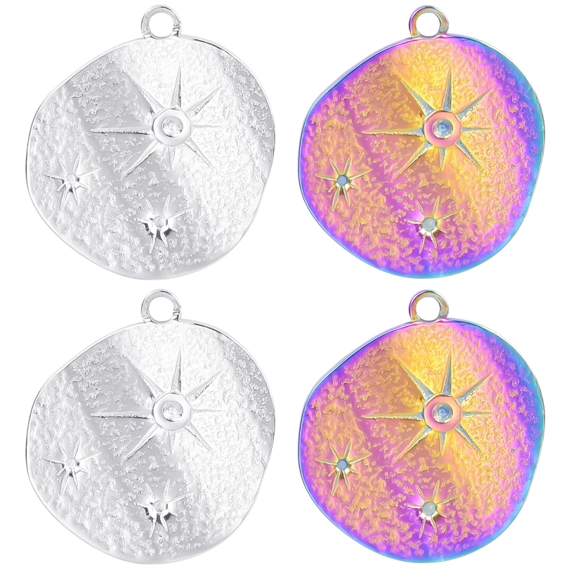 1/2Pcs Rainbow Silver Color Irregular Round Engraving Star Plaque Charms Stainless Steel Pendant For Jewelry Making Supplies