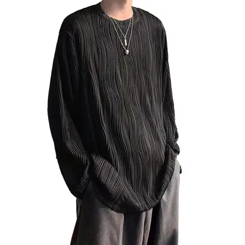 Мужская футболка с волнистой текстурой, однотонный Свободный пуловер с круглым вырезом и длинными рукавами, уличная одежда в стиле хип-хоп, осень-весна