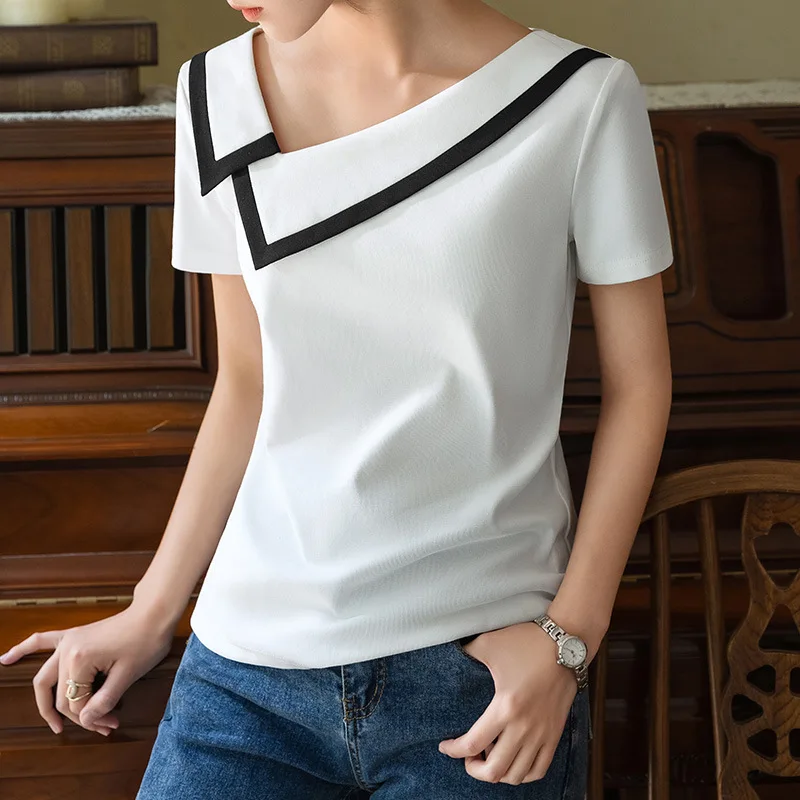 

Short sleeved T-shirt Women's Summer New Fashion French Oblique Shoulder V-Neck Cotton Contrast Neckline Design Sense Top